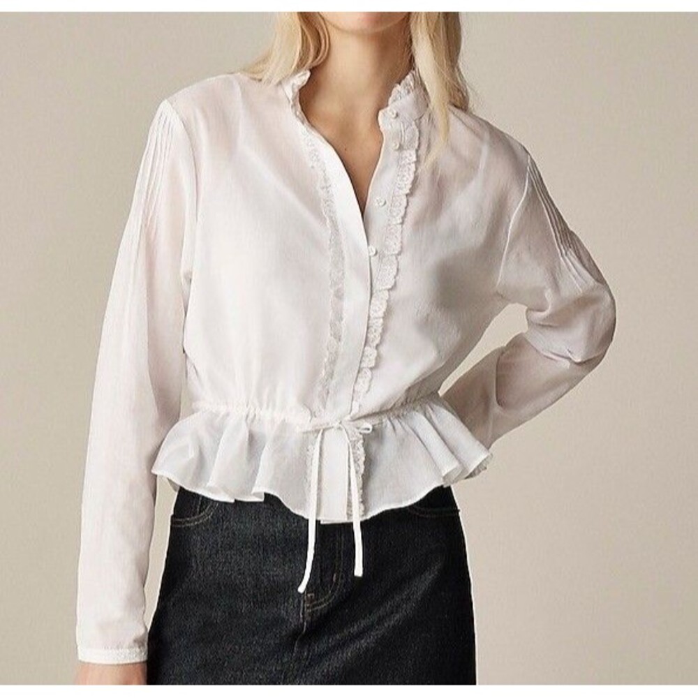 J.Crew Lace-trim Cinched Waist Top Cotton Voile White Size XS Coquette Romantic